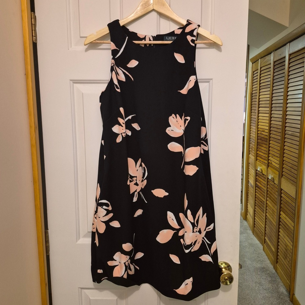 Lauren Ralph Lauren Black Peach Floral Sleeveless Shift Dress Size 12
